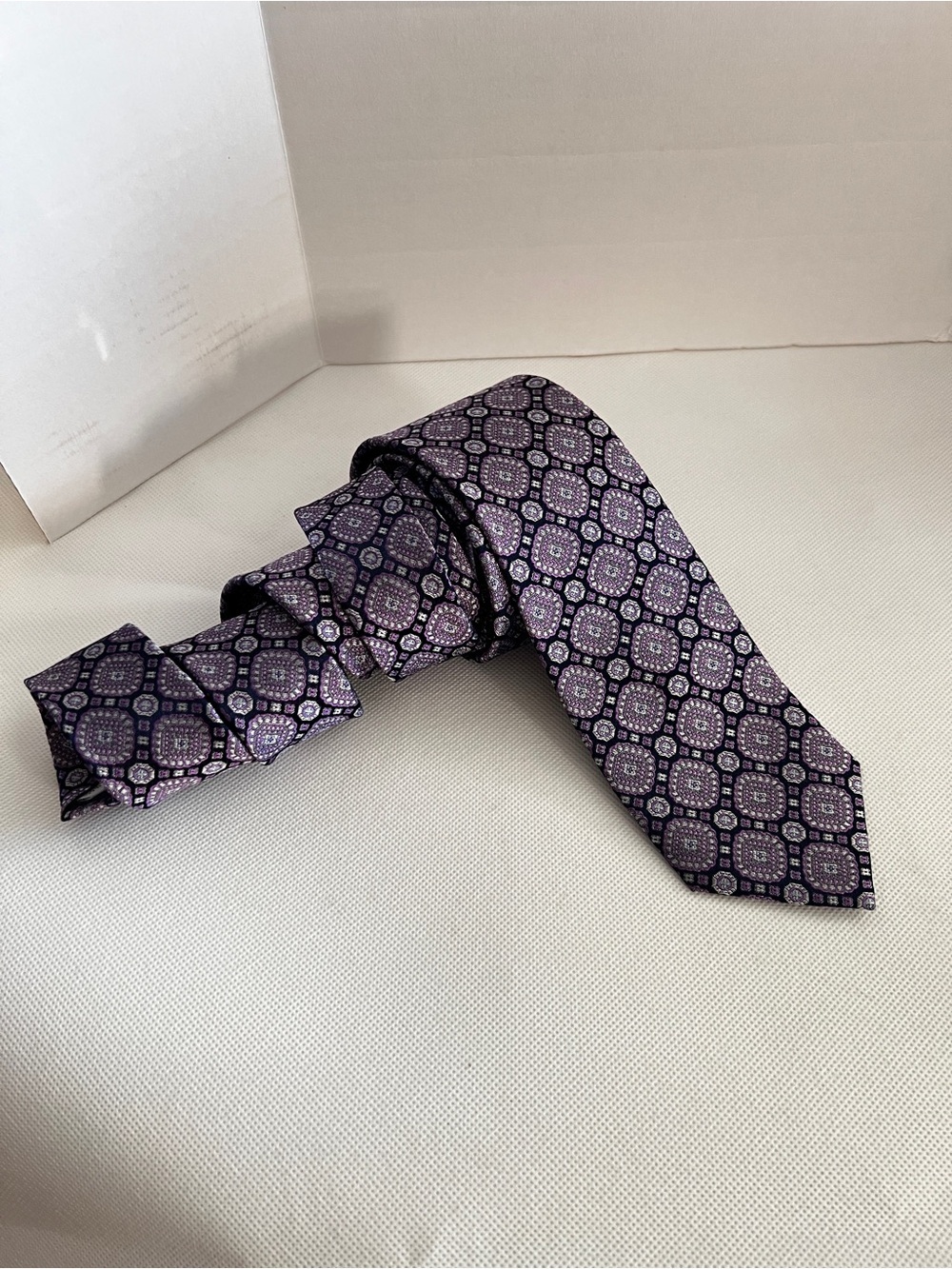 Silk Tie The Men's Store Bloomingdale's Purple Gray Geometric Medallion Pattern